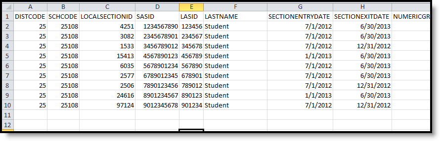 Screenshot of an example Section Student Report in CSV Format