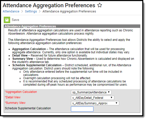 Screenshot of Attendance Aggregation Preferences tool.