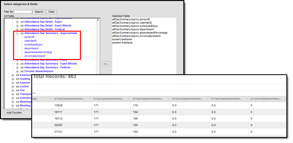 Screenshot of Attendance Day Summary View in the Query Wizard.