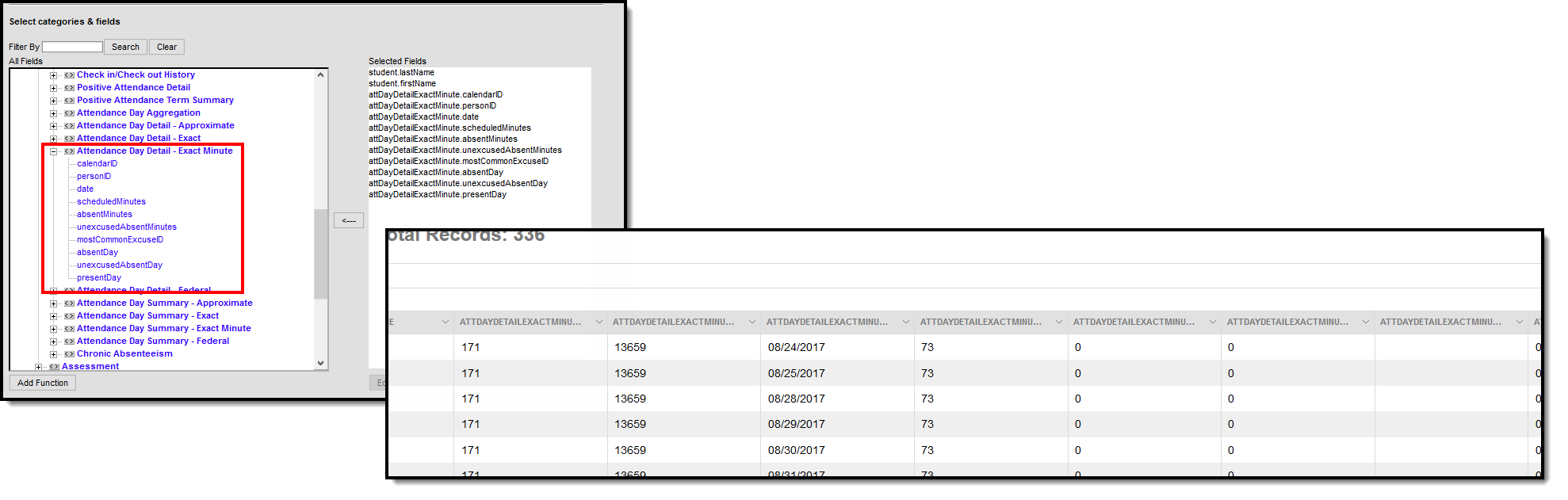 Screenshot of Attendance Day Summary View in the Query Wizard.