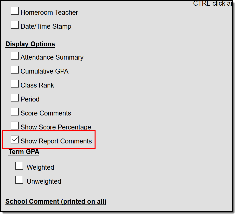 Screenshot of Report Preferences - Report Card