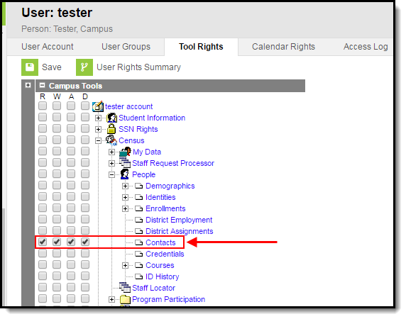 Screenshot of the Tool Rights Editor highlighting the Contacts section. 