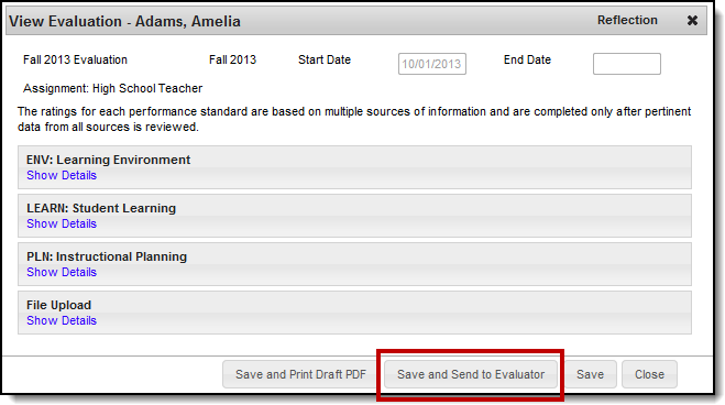 Screenshot of the save and send to evaluator button.