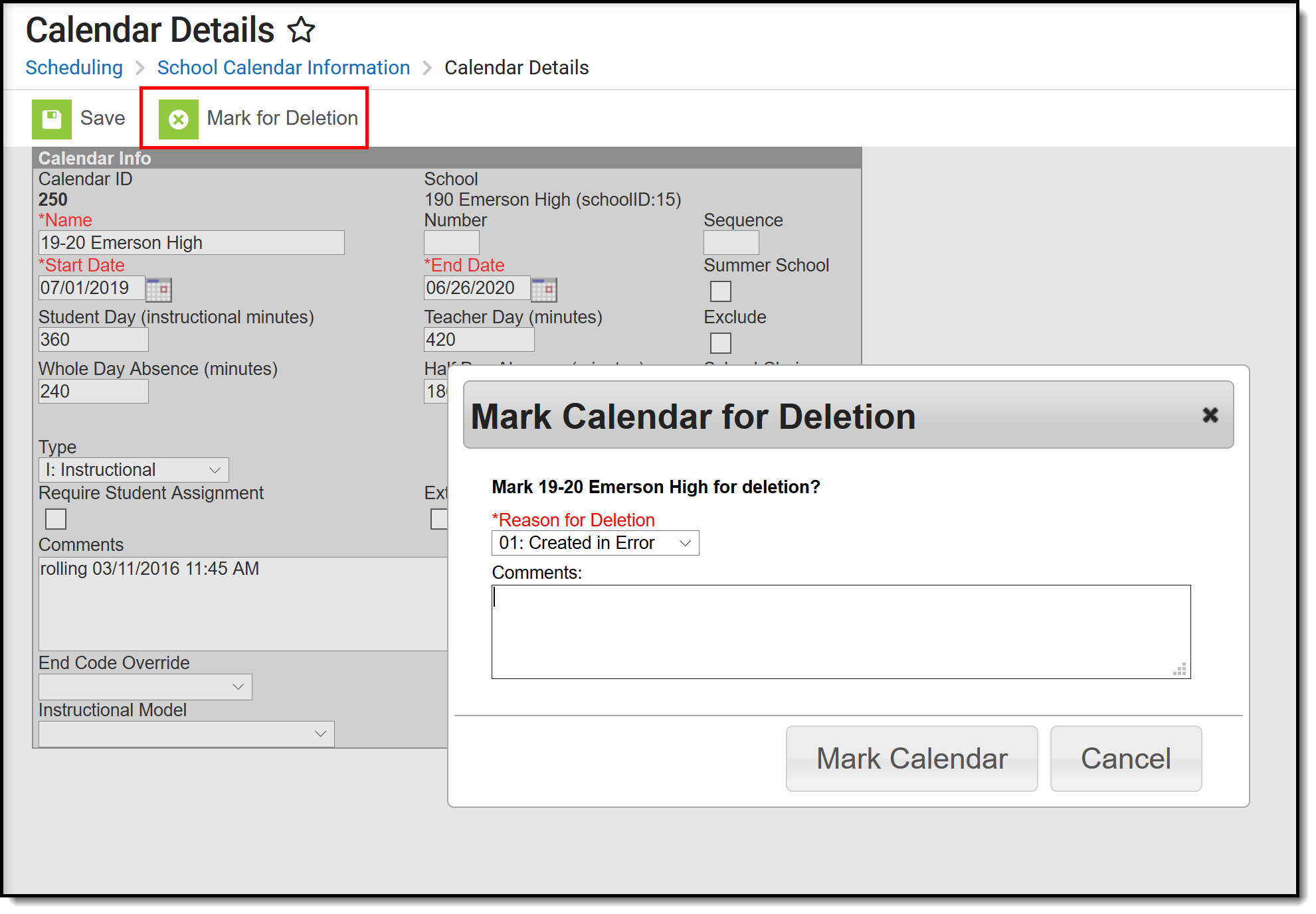 Screenshot of the Mark for Deletion process. 