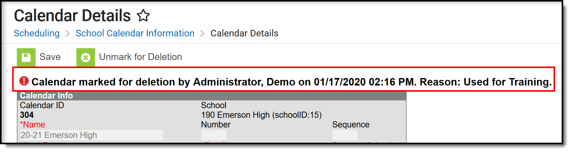 Screenshot of the calendar deletion alert. 
