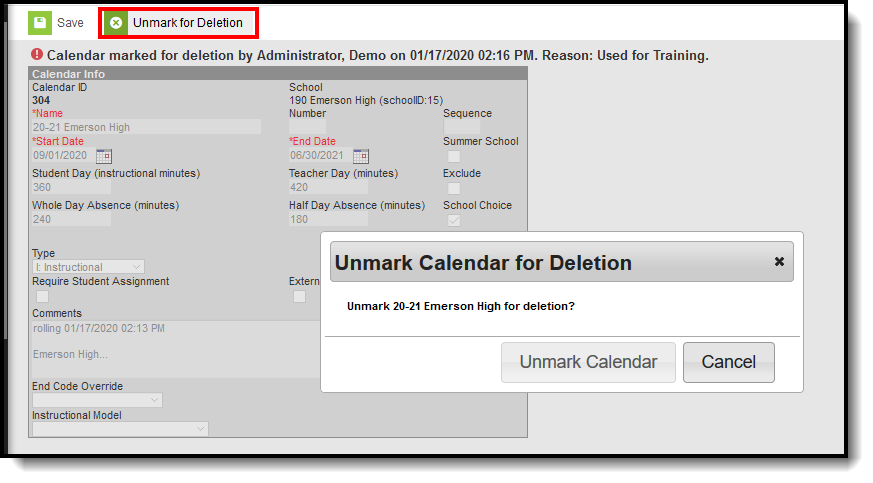 Screenshot of the unmark a calendar for deletion process. 