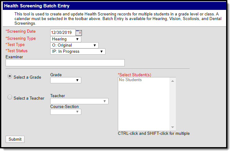 Screenshot of the Health Screening Batch Entry tool.