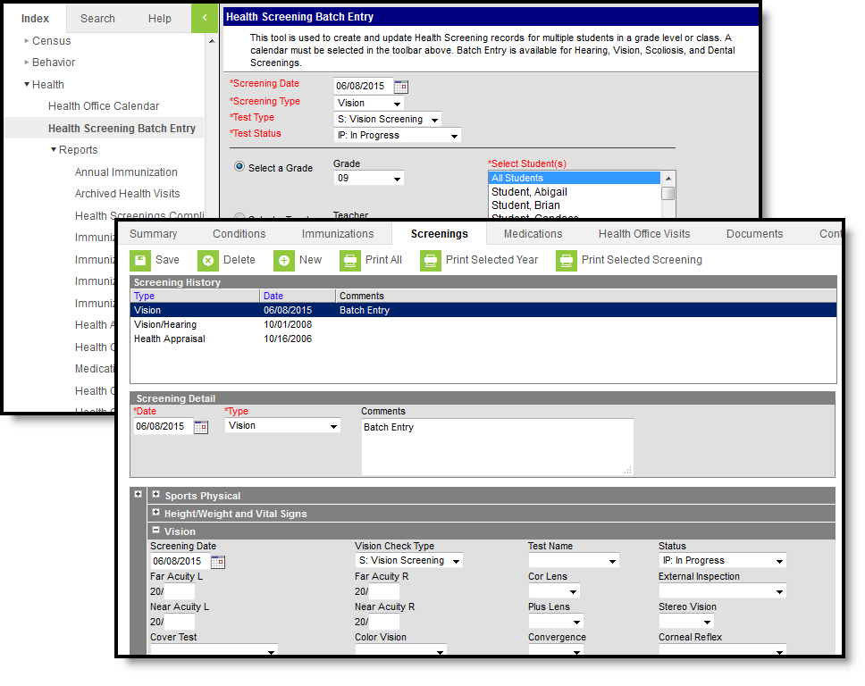 Two-part screenshot displaying the Health Screening Batch tool and the student's Screenings tool results.