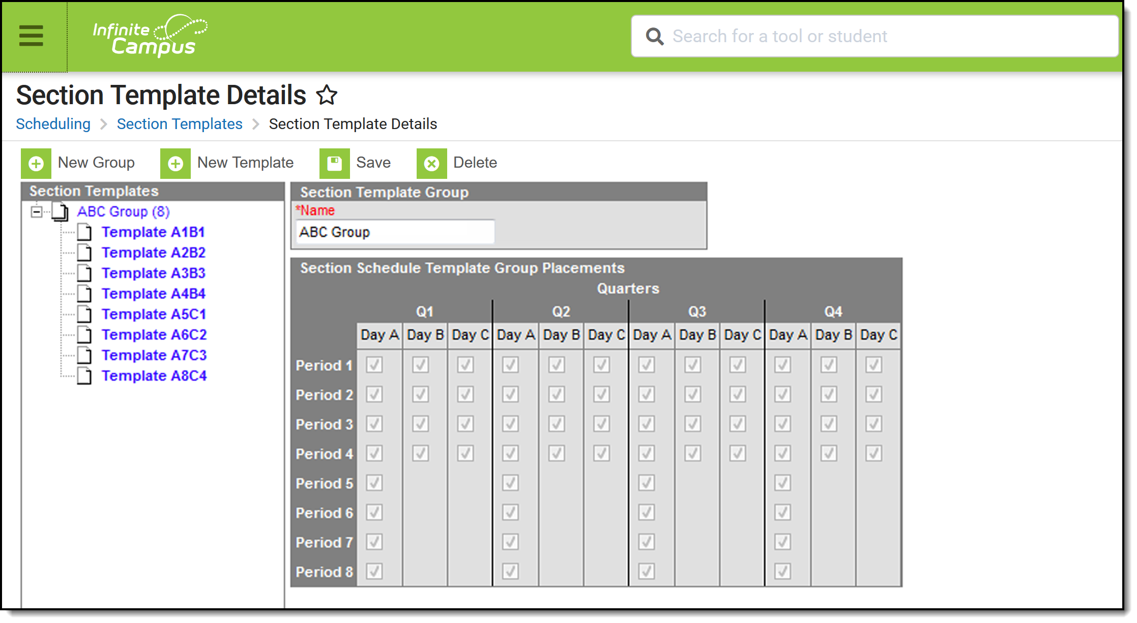 Screenshot of the Section Templates editor.