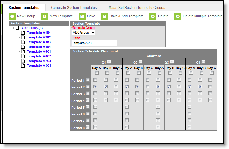 Screenshot of the Section Templates group with Day 2 of a rotating schedule. 
