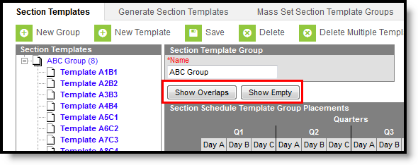 Screenshot of the Show Overlaps and Show Empty buttons on the Section Templates tool. 