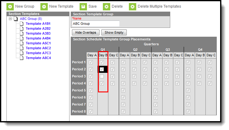 Screenshot of the Section Templates tool where multiple section templates exist for a selected period. 