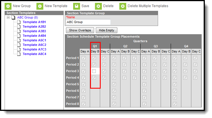 Screenshot of the Section Templates tool showing a period that is not selected in the section placement grid. 
