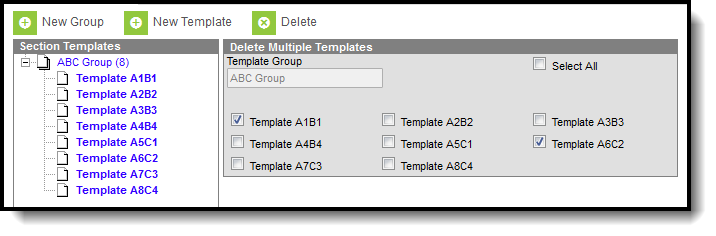Screenshot of the Delete Section Templates process. 