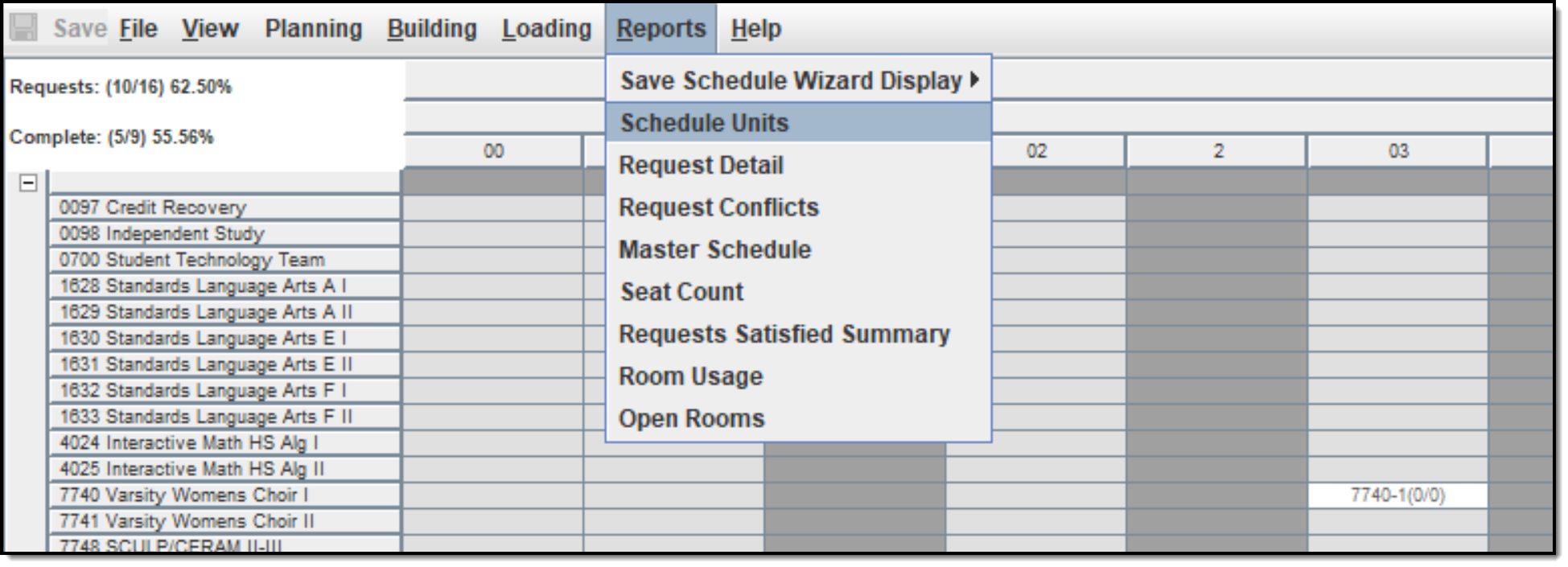 Screenshot of the Reports available through the Schedule Wizard. 