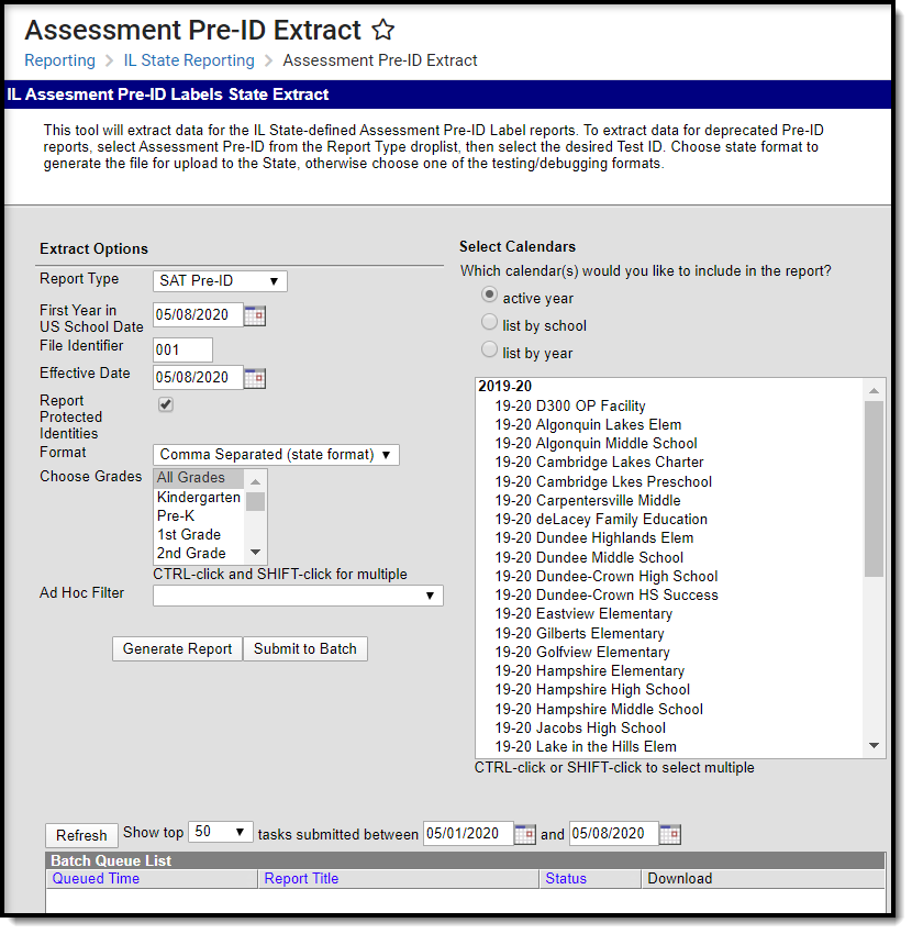 Screenshot of the SAT Pre-ID Extract