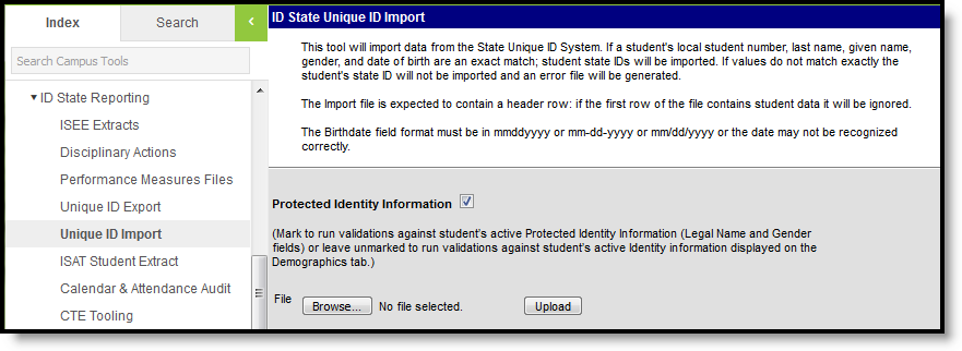 Screenshot of the Unique ID Import report editor. 