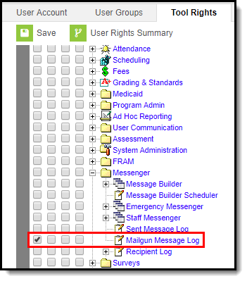Screenshot of the mailgun message log tool rights.