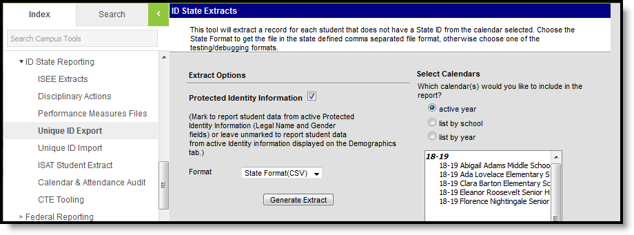 Screenshot of the Unique ID Export extract editor. 