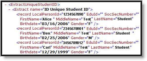 Screenshot of an example of the Unique ID Export extract in XML format. 