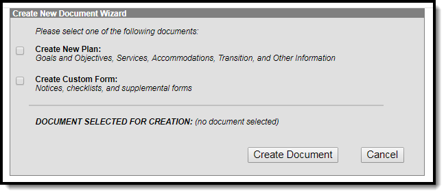 Screenshot of the create new document wizard.