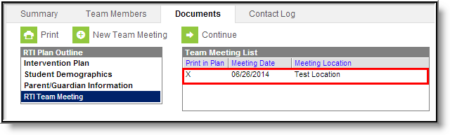 Screenshot of an example RTI team meeting record.