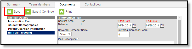 Screenshot of the save button on the plan.