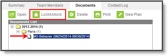 Screenshot of a completed plan on the documents tool highlighting the lock/unlock button.