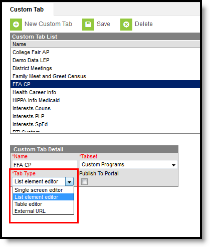 Screenshot of Tab Type Options