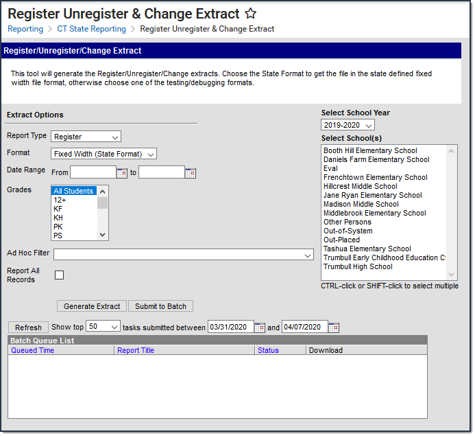 Screenshot of the Register Unregister & Change extract editor. 