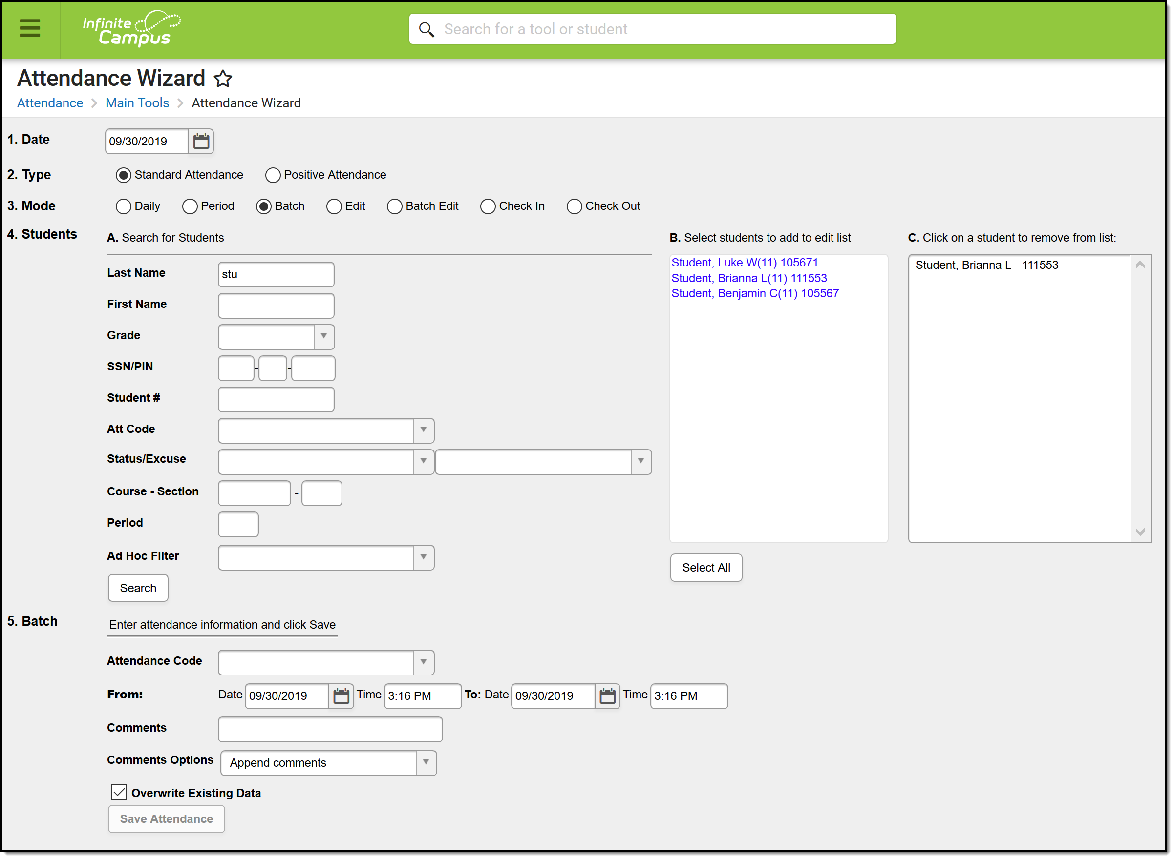 Screenshot of the Batch Mode Options in the Attendance Wizard.