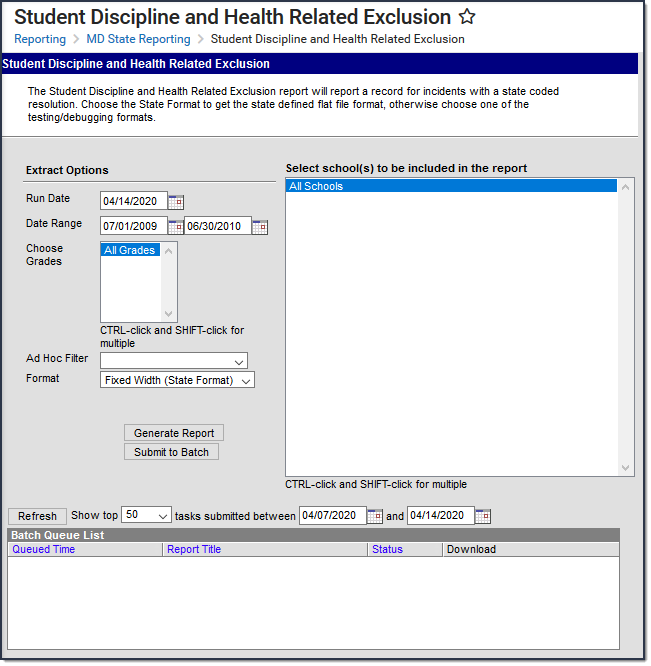 Image of the Student Discipline and Health Related Exclusion Editor.