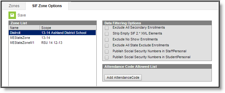 Screenshot of SIF Zone Options.