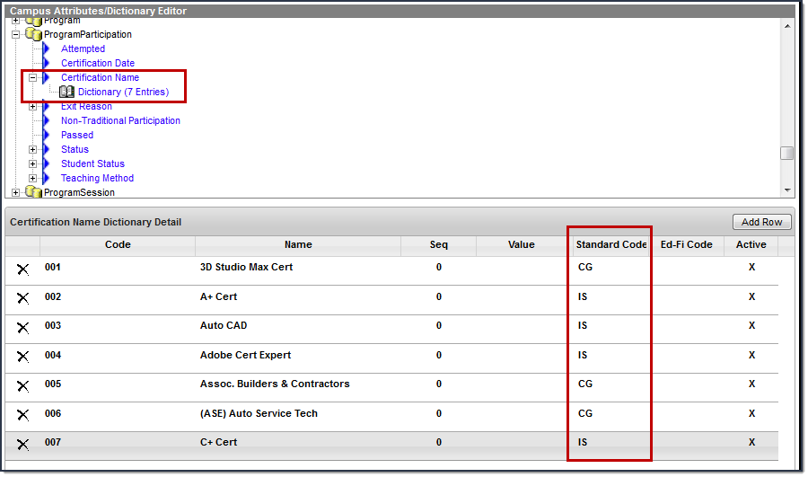 Screenshot of Campus Attributes/Dictionary Editor for Certification Name.