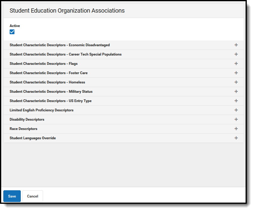 Screenshot of the Student Education Organization Association Descriptors.
