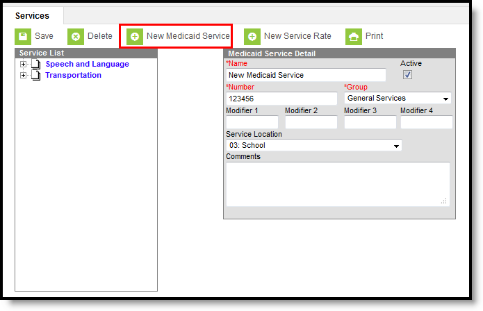 Screenshot of the services tool with the New Medicaid Service button highlighted.