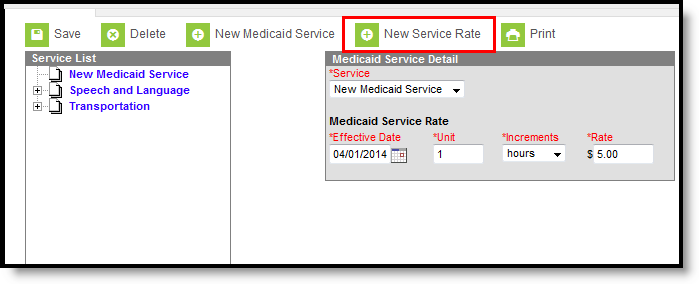 Screenshot of the services tool with the New Service Rate button highlighted.