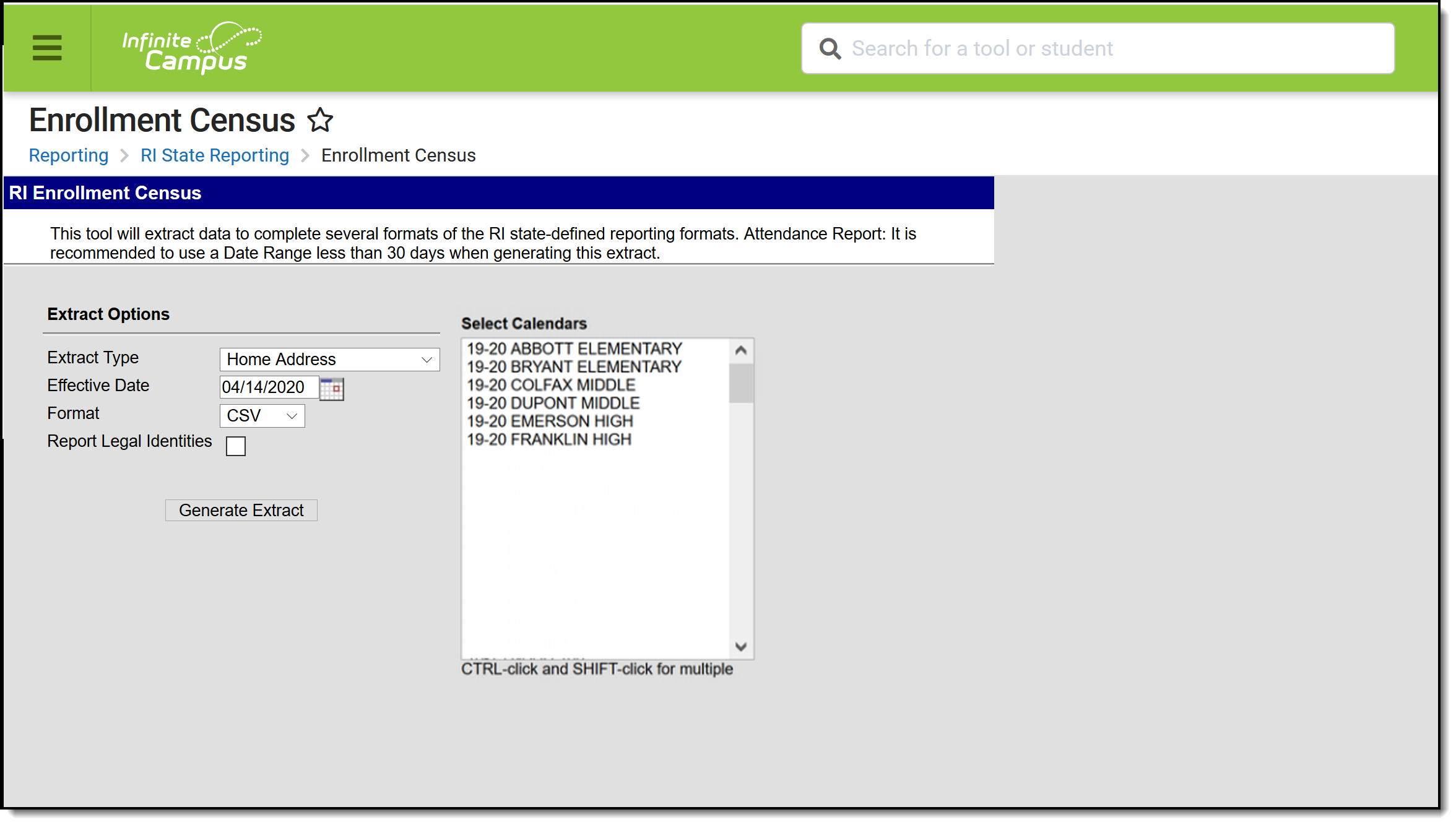 Screenshot of the Enrollment Census Home Address extract editor.
