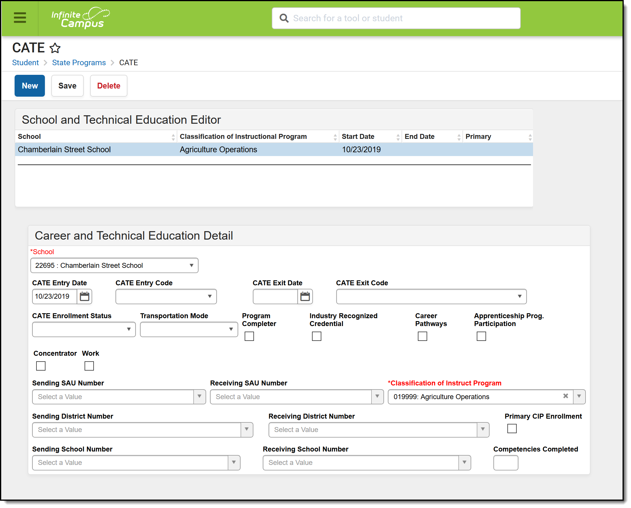 Screenshot of the Career and Technical Education (CATE) detail editor.