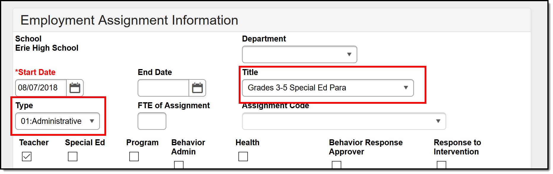 Screenshot of the Title and Type fields highlighted on the District Assignment tool.