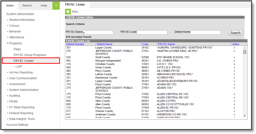 Screenshot of FRYSC Center tool highlighting its location within Programs.