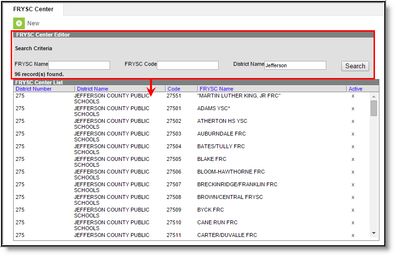 Screenshot of FRYSC Center editor where a user has searched for the District Name “Jefferson”. 