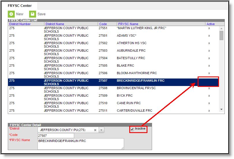 Screenshot of the FRYSC Center Detail editor with the Inactive checkbox marked. 