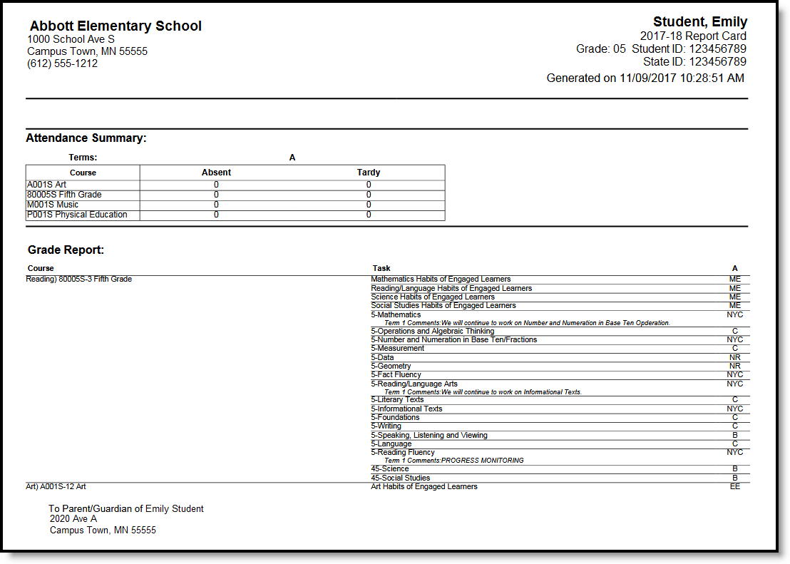 Screenshot of Conventional Report Card Elementary Example