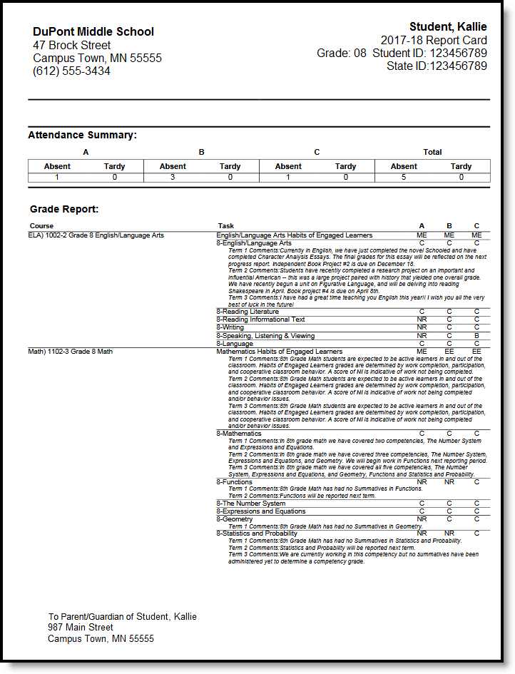 Screenshot of Conventional Report Card Middle School Example