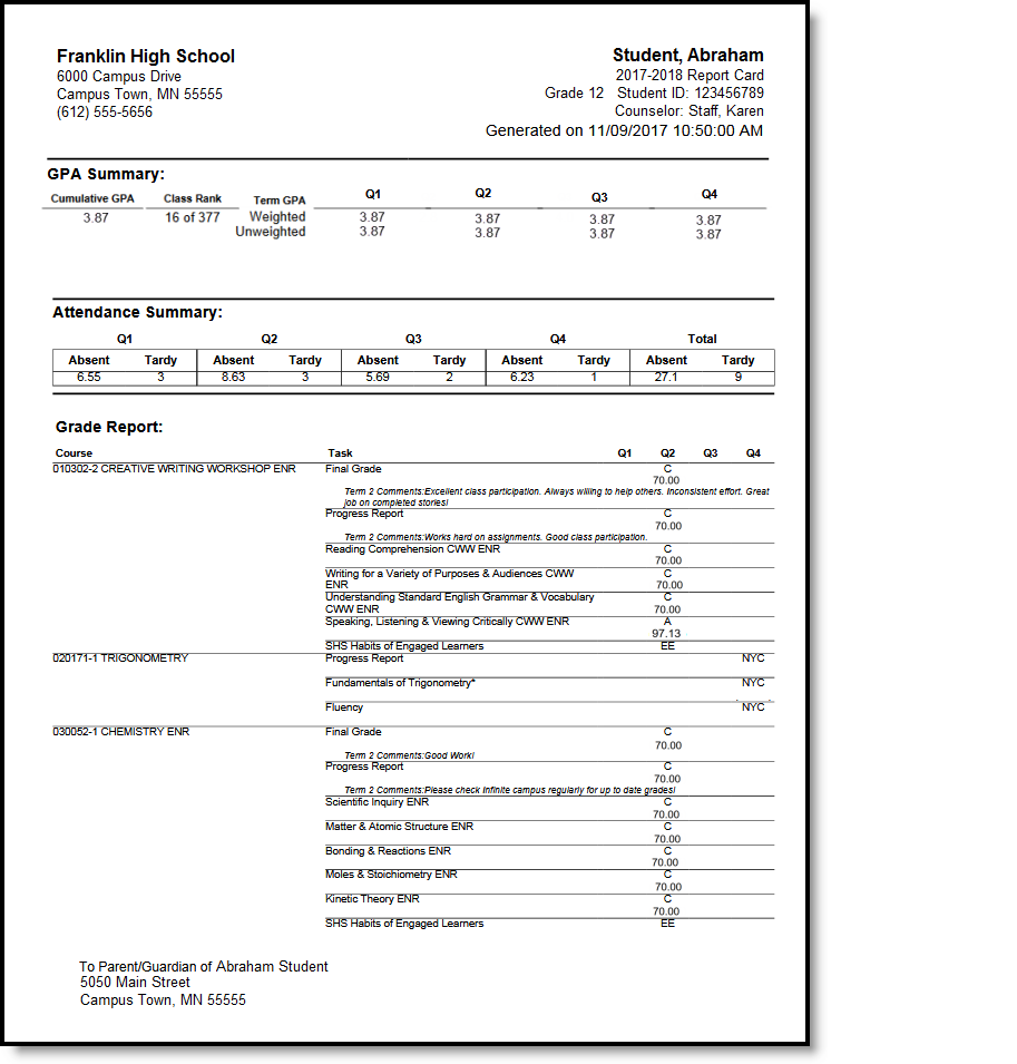 Screenshot of Conventional Report Card High School Example