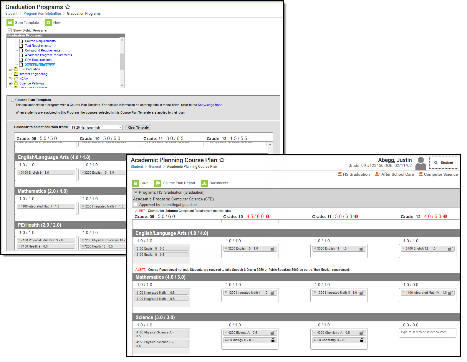Two screenshots showing a student assignment to both an Academic and a Graduation plan.