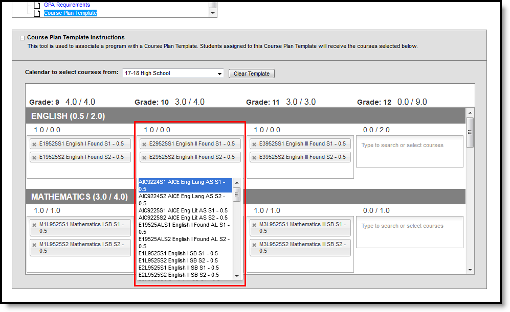 Screenshot showing how to add courses to the Plan Template.