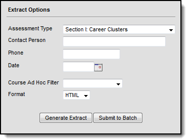 Screenshot of the extract editor with Assessment Type of Section I: Career Clusters selected. 