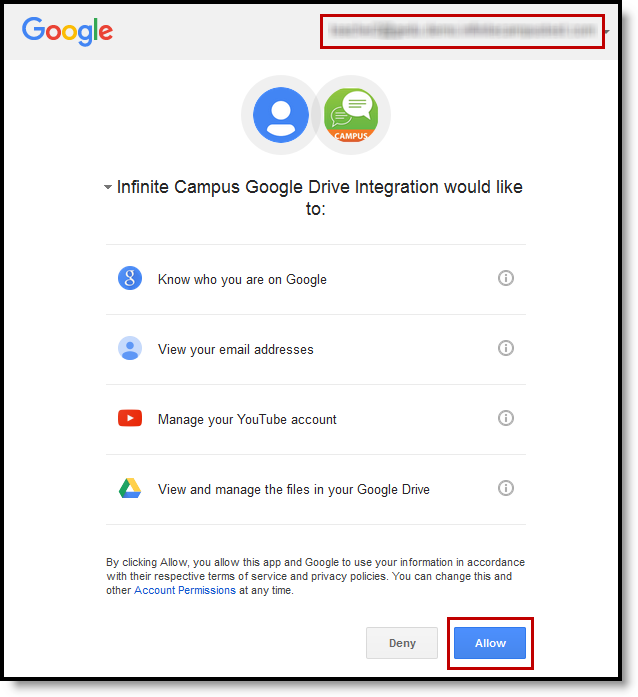 Screenshot of the permissions popup that displays when connecting your google drive account to Campus. 